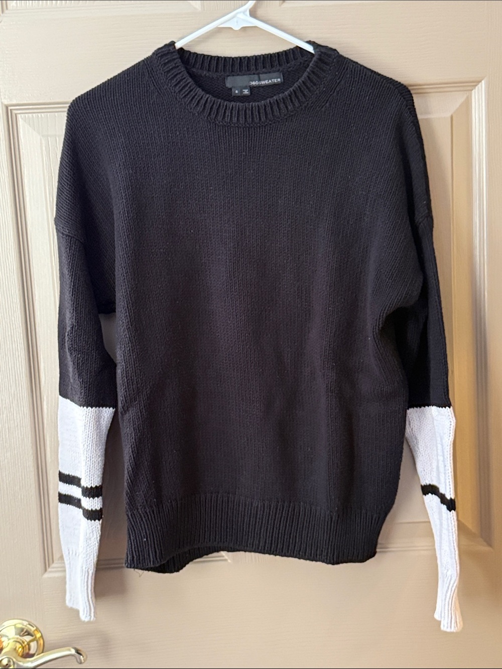 360 Sweater Black Crewneck with White Sleeve Panels and Stripe Detail